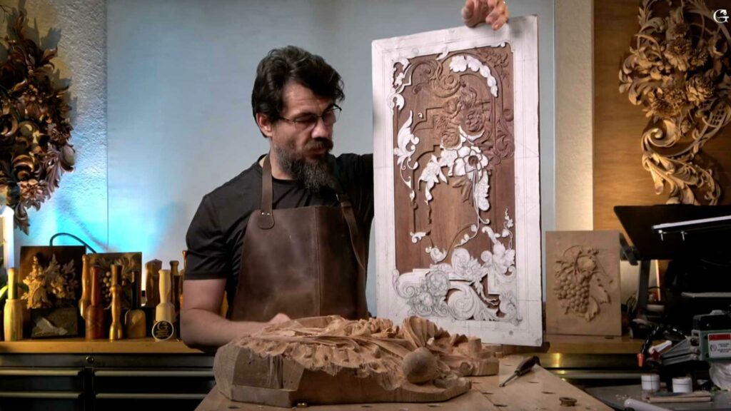 Alt text: A live streaming video showing a skilled artisan meticulously carving intricate designs into a piece of wood.